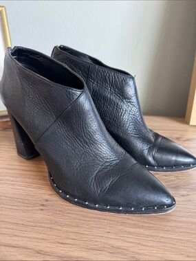 Vince Camuto Black Leather Pointed Toe Studded Block Heel Booties